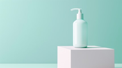 aqua pastel background, white lotion bottle on a platform, professional photo, flat lighting 
