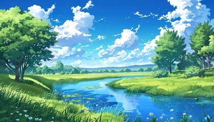 Naklejka premium peaceful countryside scene with a river running through it, anime style