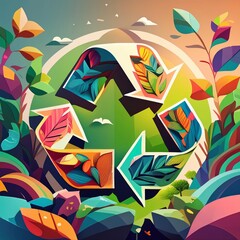 A vibrant recycling symbol embedded with leaves and nature elements advocates for environmental sustainability