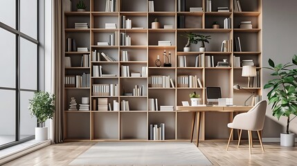 Minimalist bookshelf with open shelves and clean lines in a modern home office 