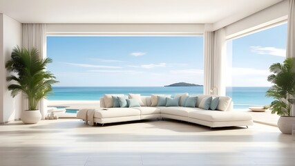 Large living room with a sea view that is unoccupied in a lavish summer beach property with a pool next to the terrace. Large white wall background at a holiday resort or house.