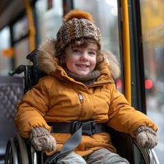 Joyful child in wheelchair boarding bus with lift: Celebrating accessibility and inclusion