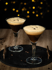 2 Espresso Martinis with bokeh background