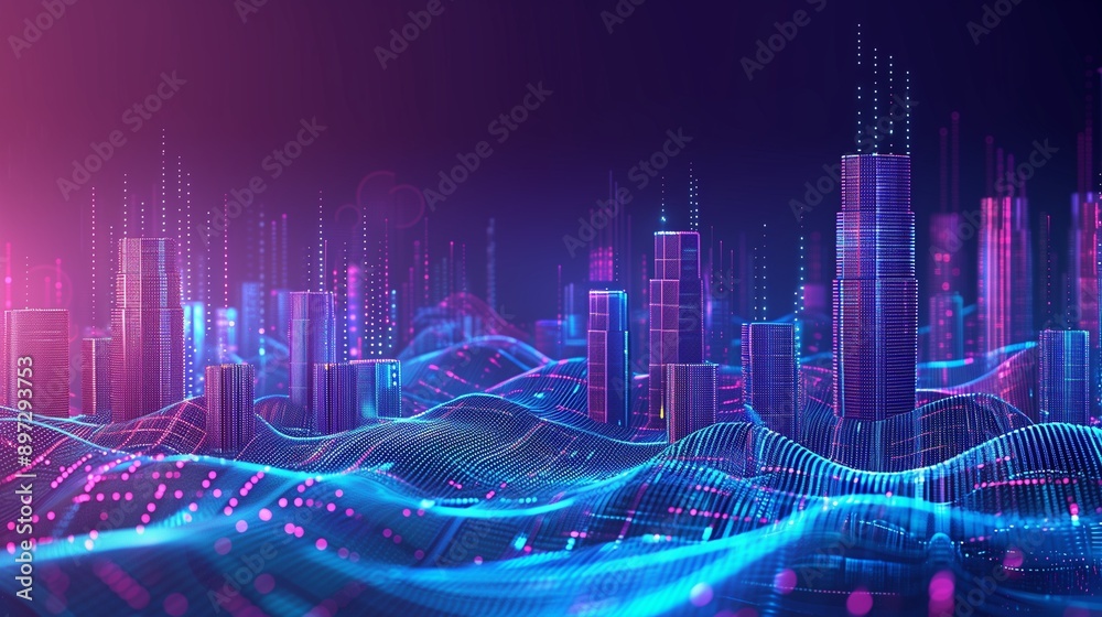 Wall mural smart city and abstract dot point connect with gradient line and aesthetic intricate wave line desig
