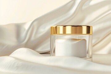 luxury skincare cream jar with gold lid on silky fabric background, elegant beauty product presentation for cosmetic and skincare brands