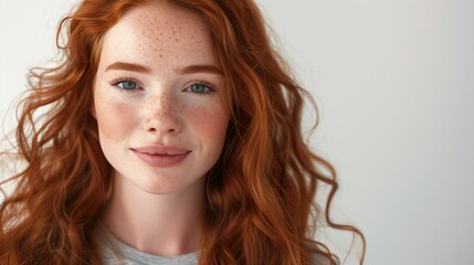 Fototapeta premium Closeup of happy attractive young woman with long wavy red hair and freckles wears stylish t shirt looks happy and smiling isolated over white background.