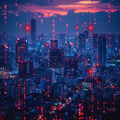 Fototapeta premium City Skyline with Digital Stock Market Charts Overlay: Technological and Financial Concept on Dark