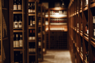 Long blurred corridor with wooden shelves fulled bottles of elite wine in cellar of alcohol store.