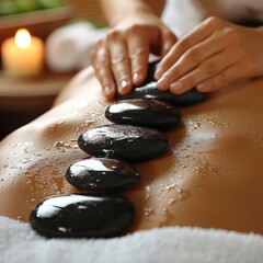 Close-up of Therapist Performing Hot Stone Massage on Client's Back, Spa Wellness Treatment