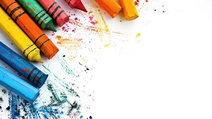 Chaos of multicolored crayons and pastels on white background with space for text