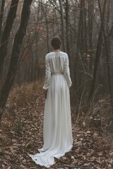 Fototapeta premium A woman stands alone in a forest, wearing a white dress