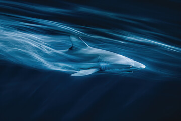 Fototapeta premium Great white shark gracefully glides through deep blue waters, basking in sunlight