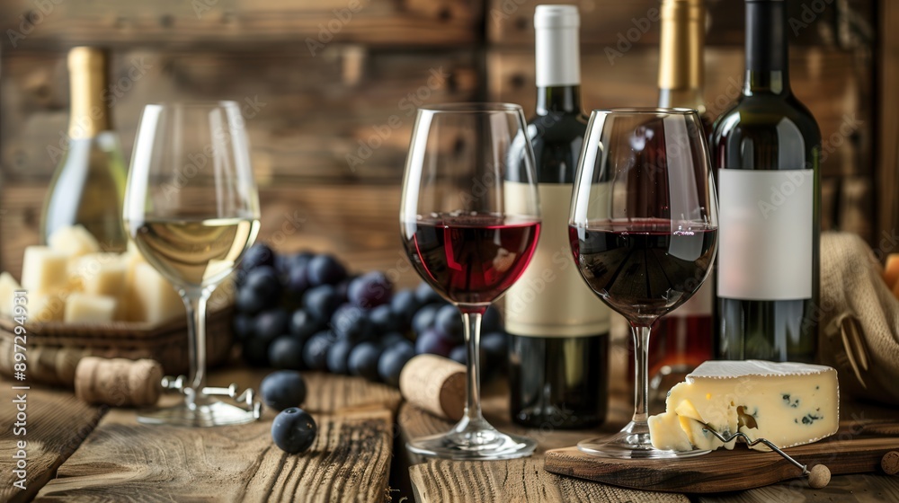 Poster two glasses of red wine and one glass of white wine sit on a wooden table with a cheese wedge and gr
