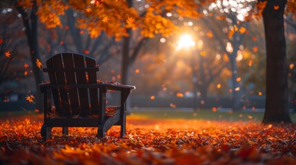 A Solitary Chair Amidst the Falling Autumn Leaves. Generative AI