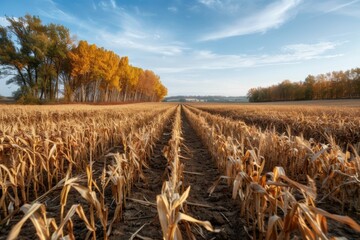 A harvested field featuring neat rows of stubble extending to the horizon under a partly cloudy sky, with trees showing autumn foliage, reflecting the cycle of agriculture.