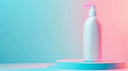 blue and pink pastel background, white lotion bottle on a platform, professional photo, flat lighting 