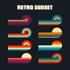 Vintage sunset collection. Various colorful striped sunrise badges in 80s and 90s style. Sun and ocean view, summer vibes, surfing. Design element for print, logo or t-shirt. Vector illustration