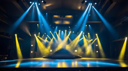A vacant nightclub with brilliant blue and yellow stage lights and light beams