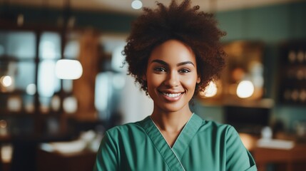 Fototapeta premium Nursing student in scrubs joins hospital team for group photo with doctor interns