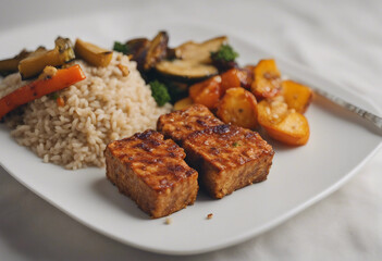 A serving of baked tempeh with roasted vegetables and a side of brown rice on a white background.
