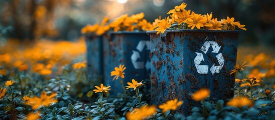 Recycling Bins Adorned with Yellow Flowers