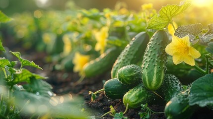 Sun-Kissed Cucumbers Blooming in the Early Morning Garden. Generative AI