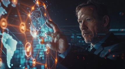 A Businessman Interacting with a Global Network