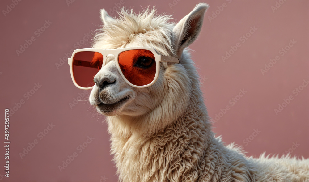 Wall mural creative animal concept. llama in sunglass shade glasses isolated on solid pastel background, commer