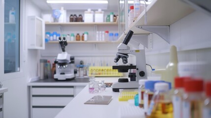 Professional Laboratory Scene with Microscope and Test Tubes, Clean Modern Interior with High-Definition Scientific Equipment Details