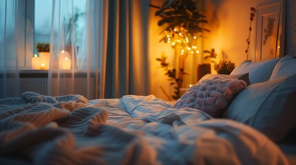A peaceful bedroom with soft lighting and fluffy pillows
