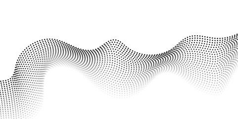 Futuristic wave of black smoothly moving dots on a white background. Flowing dot particles wave pattern halftone black gradient smooth curve shape isolated on transparent background. Vector in concept