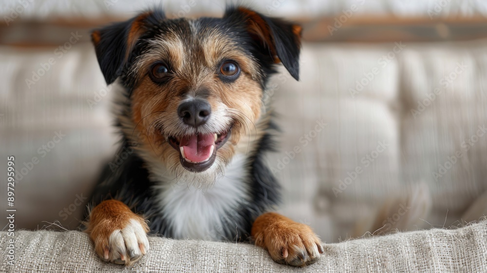 Sticker A Joyful Pup's Happy Gaze From a Cozy Couch. Generative AI