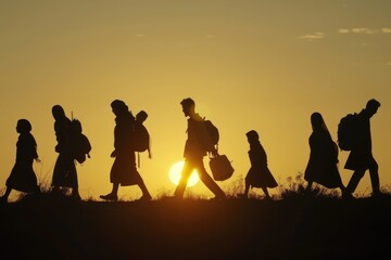 Fototapeta premium Group of people walking through a lush green field as the sun sets, creating a warm and inviting atmosphere