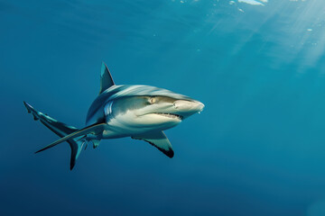 Fototapeta premium Majestic oceanic whitetip shark gracefully glides through clear blue waters, showcasing its power in the marine world