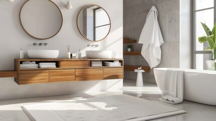 Serene Bathroom with a Floating Vanity, White Towels, and a Minimalist Mirror