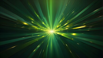 Asymmetrical flash of green light, lovely abstract light beams on a dark green background with shades ofgreen and yellow, golden green shimmering background with duplicate.