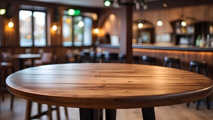 Wooden circular table with blurred background of pub or bar