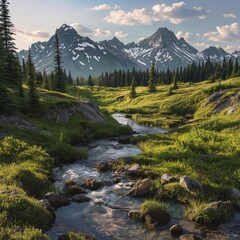 Fototapeta premium Scenic view of green landscape with a flowing stream under cloudy sky, perfect for hiking enthusiasts