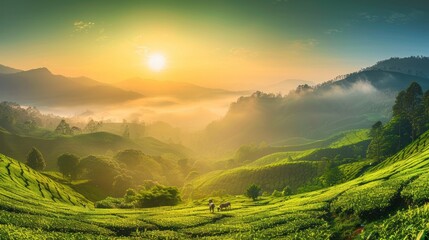 Sunrise Over Lush Tea Plantation