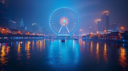 Illuminated Ferris Wheel Reflecting in a Cityscape at Night. Generative AI