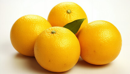 a group of four oranges sitting on top of each other on a white surface with a green leaf