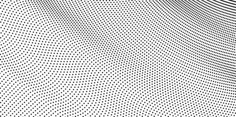 Wavy abstract halftone black dots isolated on a transparent background. Flowing particles dots, wave pattern curve halftone shape isolated on transparent background. Vector background concept.