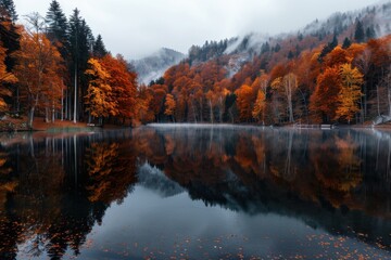 Fototapeta premium A calm lake reflecting vibrant autumn trees with a misty background of hills, creating a serene and picturesque scene that highlights the beauty of nature.