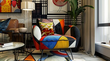 Modern accent chair with bold geometric patterns and vibrant colors in a trendy apartment 