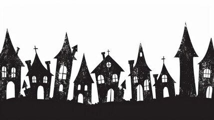 Obraz premium Spooky halloween town silhouette is emerging from the darkness with whimsical haunted houses