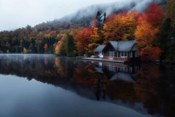Fototapeta premium A cozy lakeside house nestled among vibrant autumn trees with their colorful foliage reflecting in the calm, misty waters on a foggy day showcasing serene beauty.