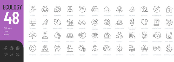 Ecology Editable Icons set. Vector illustration in modern thin line style of environment related icons: sustainable future, recycling, green energy, and more. Pictograms and infographics