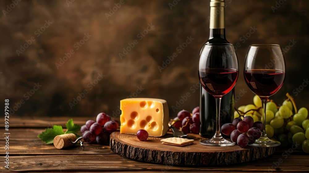 Aufkleber two glasses of red wine, a bottle of wine, and a wedge of cheese sit on a wooden table. grapes and a
