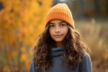 Latin American teenage girl outdoors portrait with autumn colors as background