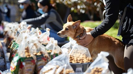A community event where people are donating bags of pet food to a shelter